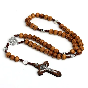 10MM Holz Perlen Rosenkranz Kreuz Halskette Für Frauen Männer Christian Jungfrau Maria INRI Anhänger Kette