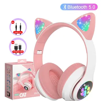 Blitzlampe, niedliche Katzenohren, Kopfhörer, Bluetooth 5.0, Stereo mit Mikrofon, unterstützt TF-Karte