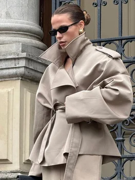 Solide Revers Spitze Up Trenchcoat Für Frauen Mode Lange Ärmel Breite Schulter Kurze Lose Mantel 2025, Neue