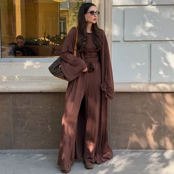 Damen 2-teiliges Lounge-Set Langer Cardigan Jumpsuit mit Kordelzug Weite Hose Lässiges Urlaubsoutfit