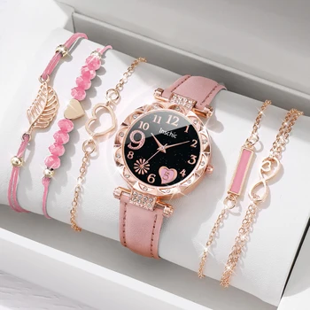 Mode Herz Zifferblatt frauen Uhr Casual Leder Band Analog Quarzuhr Blatt Armbänder Set (Ohne Box) (6 Stück)
