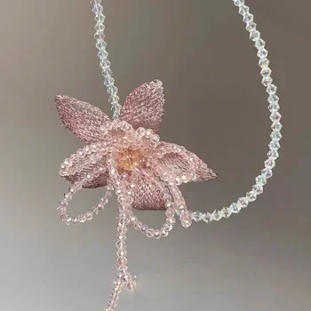 Zierliche rosa Blumen-Halskette, elegante Kristall-Perlenkette, Choker-Halskette, Hochzeitsschmuck