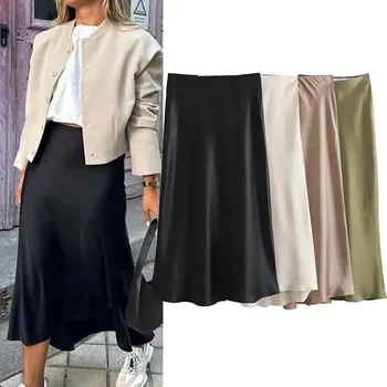 Willshela 2024 Schwarz Satin Rock Frau Hohe Taille Elegante Lange Röcke Für Frauen Mode Sommer Midi Rock Büro