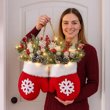 Weihnachtshandschuh-Kranz mit Licht, wunderschöner hängender Anhänger, Weihnachtshandwerk für Ferienhaus, Wand