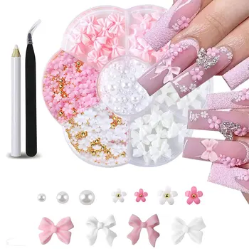 1 Box 3D Blume Schleife Nail Art Dekorationen Kit Rosa/Weiß Acryl Blumen/Perlen Nagel Charm