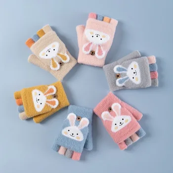 4-11 Jahre alte Cartoon Hase Fünf-Finger-Kinderhandschuhe Winter dicke Halbfinger-Flip-Strickhandschuhe Winter