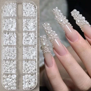 12Box japanisches Perlen-Nagel-Charms-Set - 1,5-5 mm gemischte voll- und halbrunde 3D-Nagel-Strasssteine