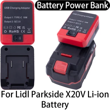 Akku-Adapter Powerbank für Lidl Parkside X20V Li-Ionen-Akku mit USB/Typ-C Dual-Schnellladeanschluss Mobile