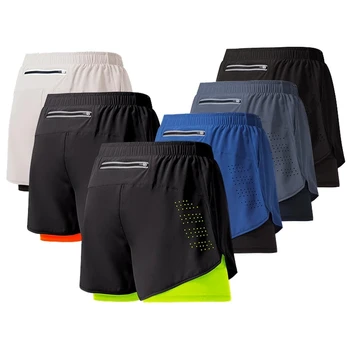 Männer Laufshorts Schnell trocknend Fitness Schwarz Doppel Schicht Shorts Männer Neue Sport Workout Training