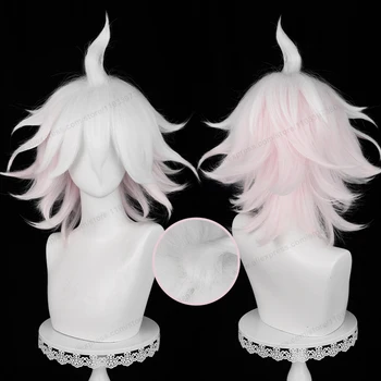 Nagito Komaeda Cosplay-Perücke, 37 cm, kurzes rosa-weißes Farbverlaufshaar, Anime-Cosplay, hitzebeständige