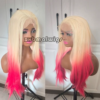 Synthetisches Haar, Ombre-Blond bis Rot, gerade, vorgezupft, 13 x 4 Lace-Front-Perücken für schwarze Frauen