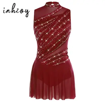 Damen-Ballettkleid mit Rüschen, lyrisches Tanzkleid, runder Kragen, ärmellos, Strass, rückenfrei