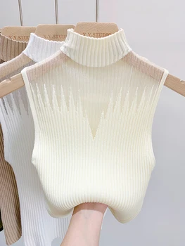 Mesh Gestrickte Top Frauen Y2K Tank Top Halbe Hals Weste Weibliche Ärmellose Pullover Chic Cut Out Streetwear