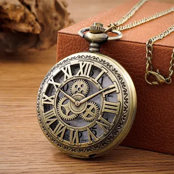 Antike Steampunk Vintage römische Ziffern Quarz Taschenuhr Bronze Gehäuse Halskette Anhänger Uhr Kette Herren