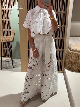 Wmstar Zwei Stück Set Frauen Aushöhlen Breite Bein Hosen Sets Passenden Casual Spitze Anzug Anzüge