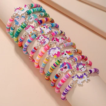 Einhorn Katze Blume Charme Elastische Handgemachte Perlen Armbänder für Frauen Mädchen Geburtstag (12 Stück)