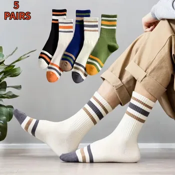 5 Paar bunte gestreifte Freizeitsocken für Herren, modische Sportsocken, schweißabsorbierend und atmungsaktiv
