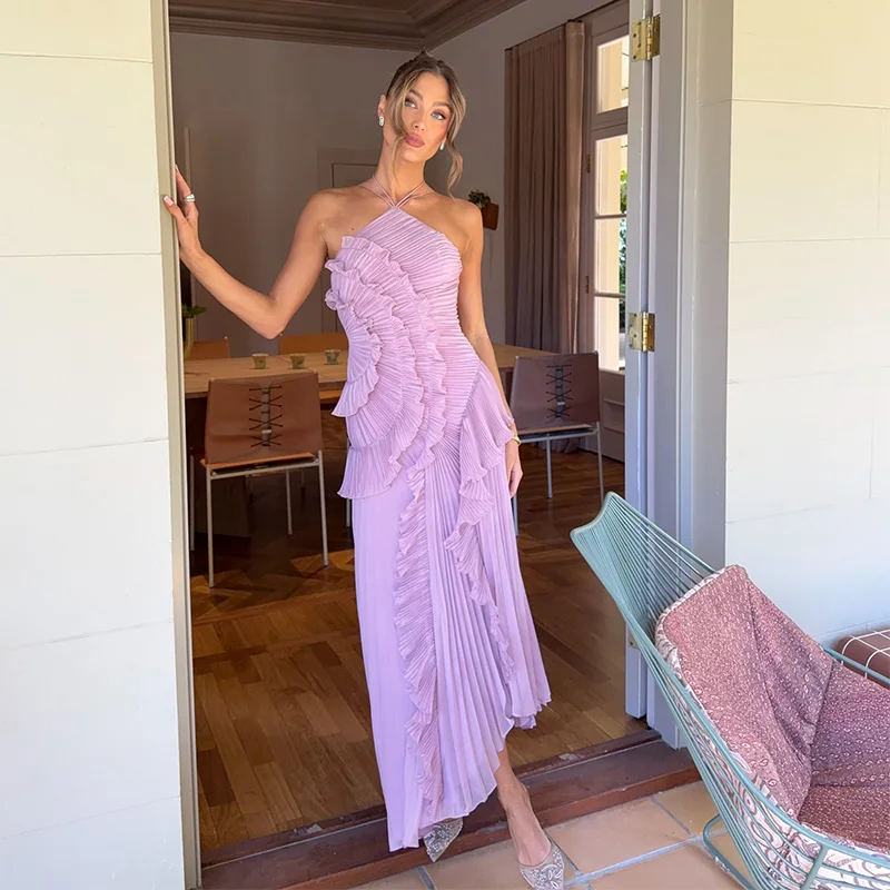 Sommer temperament plissiert neckholder lange urlaub kleid – Bild 3