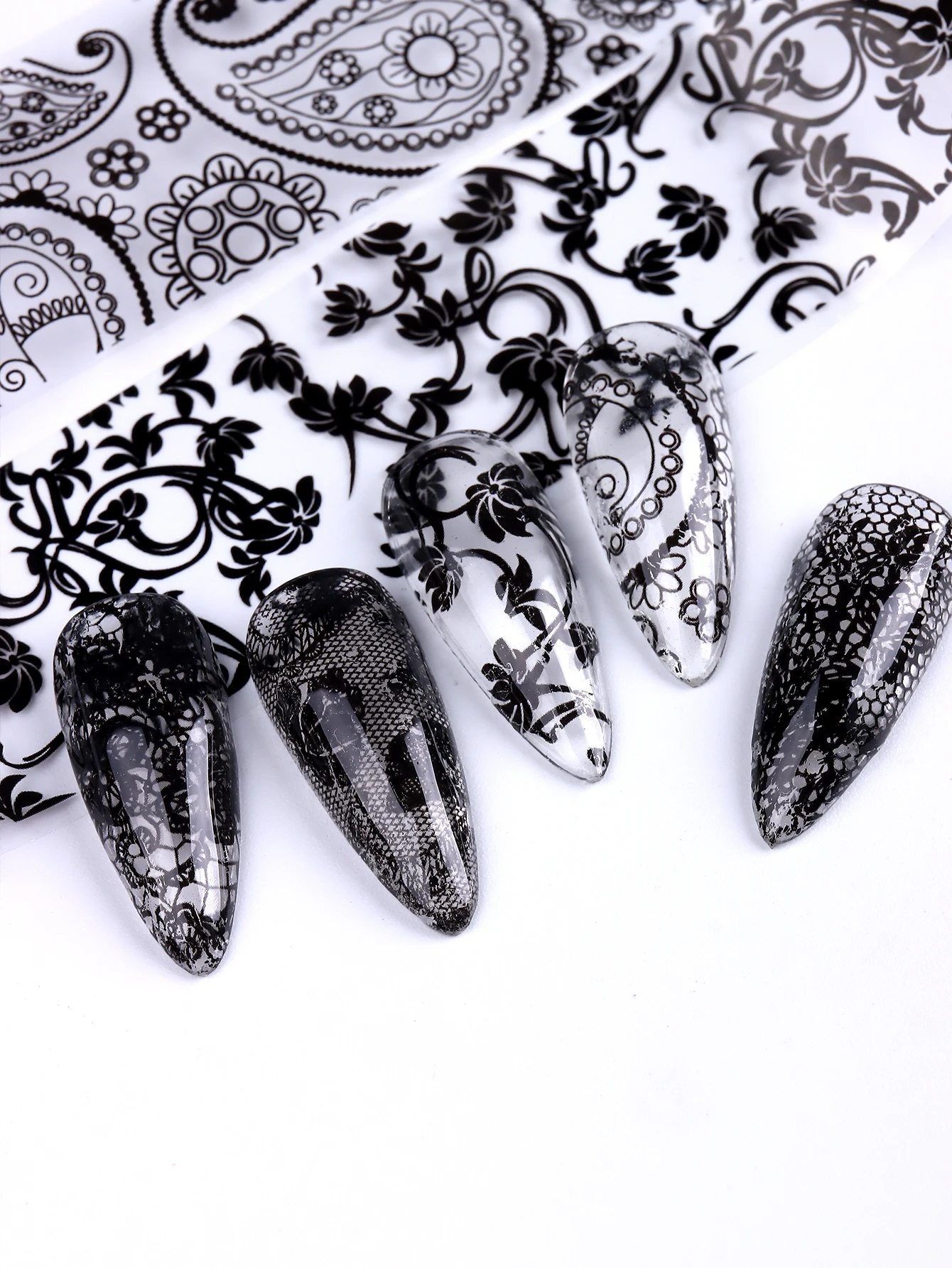 10 Blatt Spitzen-Nagelfolie, weiß und schwarz – Bild 5