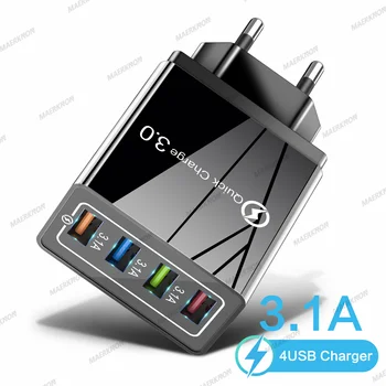 3A USB-Ladegerät, 4 Ports, USB-Schnellladung 3.0, EU-US-Stecker für iPhone, Samsung, Xiaomi, Poco