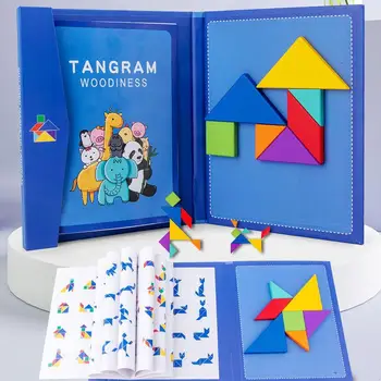 Holz Puzzle Magnetische Tangram Puzzle Buch Pädagogisches Spielzeug Für Kinder Baby Kind Tragbare Montessori