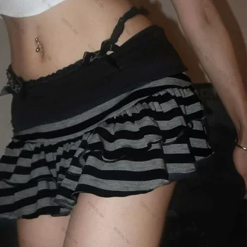 2026 Sommer neue Damenbekleidung Y2K Grunge schwarz und grau gestreifter Rüschen-Minirock hohe Taille