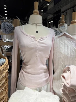 Sechs Tasten Rippen Langarm T-shirts Frauen Frühling Rundhals Baumwolle Dünnes T-shirt Weibliche Süße Nette