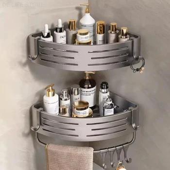 Badezimmer Eckregal mit Kunststoff Haken Handtuchhalter Kein Bohrenraum Aluminium Dusche Lagerregal Badezimmer