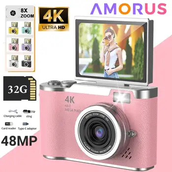 4K Digitalkamera mit Schönheitsfiltern, 48MP HD Studenten-CCD-Kamera, CMOS Anti-Shake 180° ° Flip-Screen