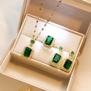 Sets Exquisite Quadratische Strass Halskette Ohrringe Ring Schmuck Set Charme Damen Schmuck Mode (4 Stück)