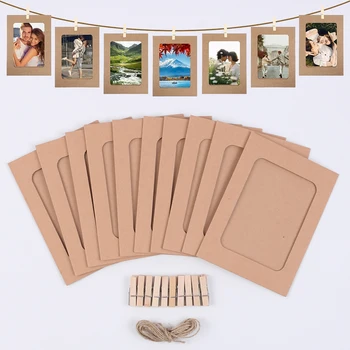 Papier-Fotorahmen-Set mit Holzklammern und Seil zum Aufhängen von Fotos, Banner, DIY, Zuhause (10 Stück)
