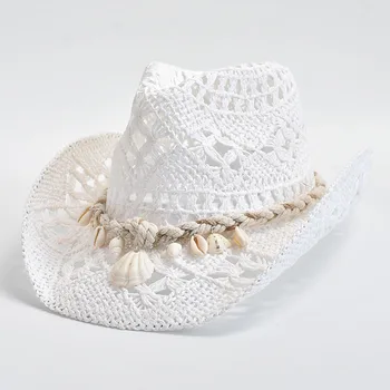 Sommer handgewebter Strohhut für Frauen, Muscheldekoration, Urlaub, Strand, Sonnenhut, Chapeu Panama feminino