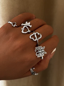 Herz-Schmetterlings-Ring-Set, Krone, herzförmige Designs, stapelbarer Vintage-Schmuck für Frauen