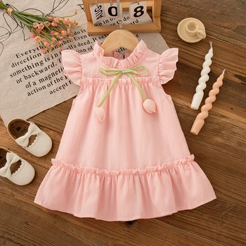 Sommer Baby Outfit für Mädchen Tulpe Blume Schleife rosa Chiffon Kleid Baby Mädchen koreanische Outfit