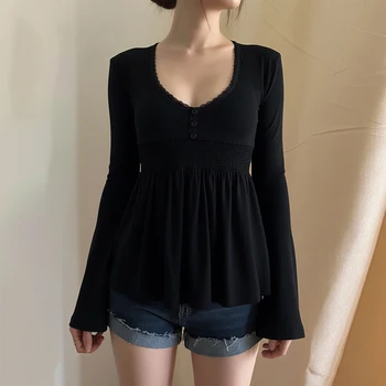 SUCHCUTE Frauen Solide Spitze Trim Patchwork Taste Ausgestellte Ärmel Hemd Casual V-ausschnitt Stricken Top