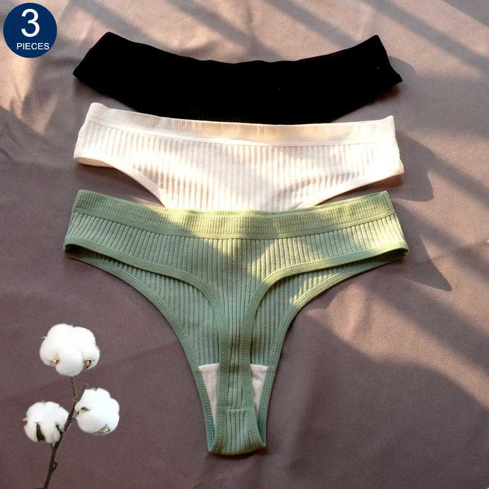 3-teiliger nahtloser Damen-Tanga aus gerippter Baumwolle