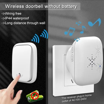Lunzo Kabellose Türklingel ohne Batterie, selbstbetrieben, US/UK/EU-Stecker, 38 Klingeltöne, wasserdicht, 150
