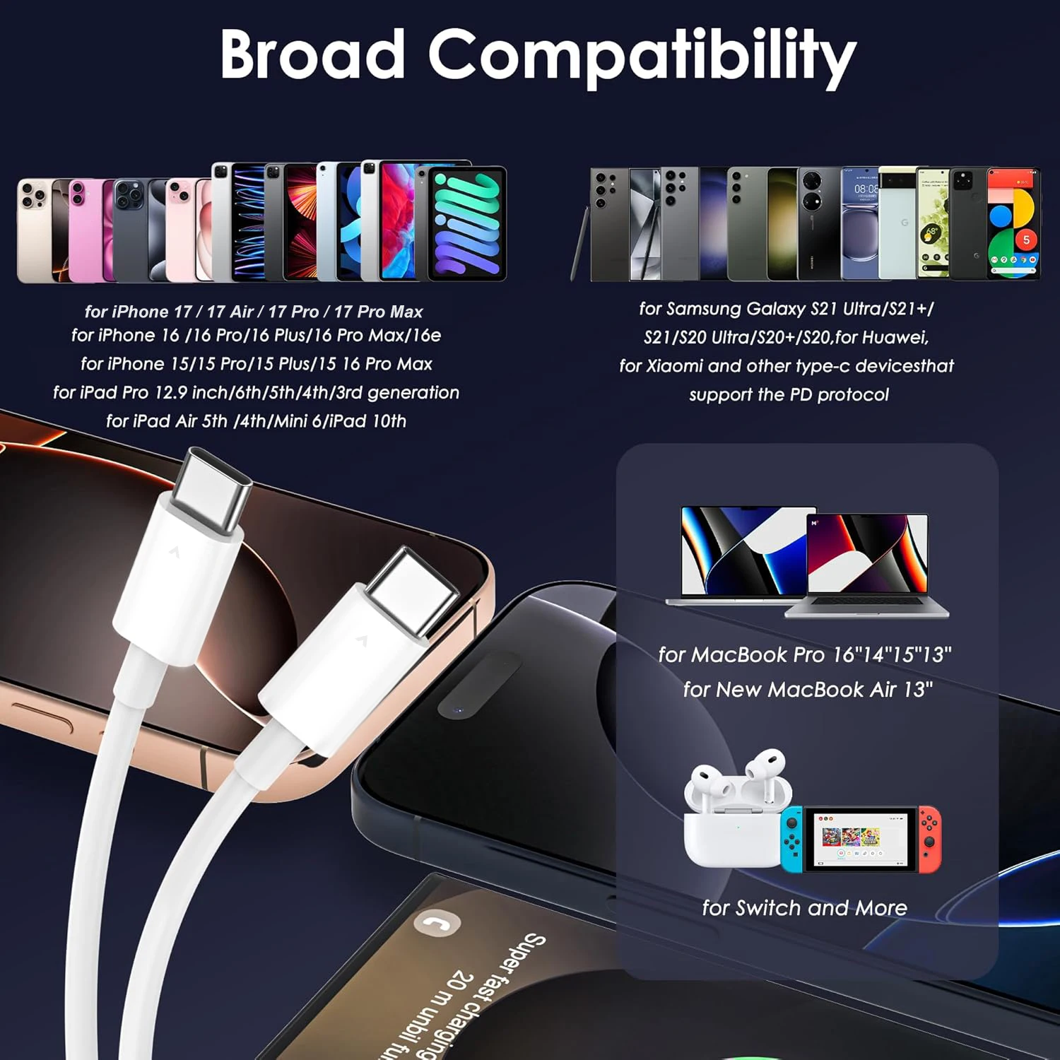 USB-C auf USB-C Kabel 60 W, 1,8 m, Schnellladen – Bild 6