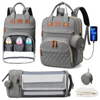 3-in-1-Wickeltasche, Rucksack, faltbar, Babybett, wasserdichte Reisetasche mit USB-Aufladung, Wickeltasche