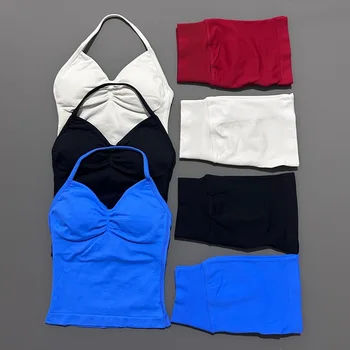 HISTELLO 2-teiliges Sportset für Damen, Yoga, langes Trägertop, nahtlose Shorts, Sport-Gym-Set