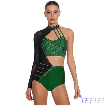 Eleganter Damen-Jazz-Tanz-Gymnastik-Bühnen-Performance-Leotard-Jumpsuit mit Strass und Cut-Outs für Salsa