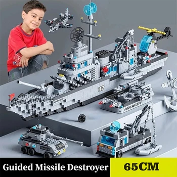 65,5 cm 6-in-1 Militär-Marine-Schiffssets, Bausteine, Kriegsarmee-Boot-Flugzeug-Modellspielzeug für Jungen