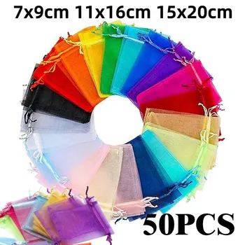 Mehrfarbige Schmuck verpackungs tasche 7*9 11*16 15*20cm Organza-Taschen Geschenk aufbewahrung (50 Stück)