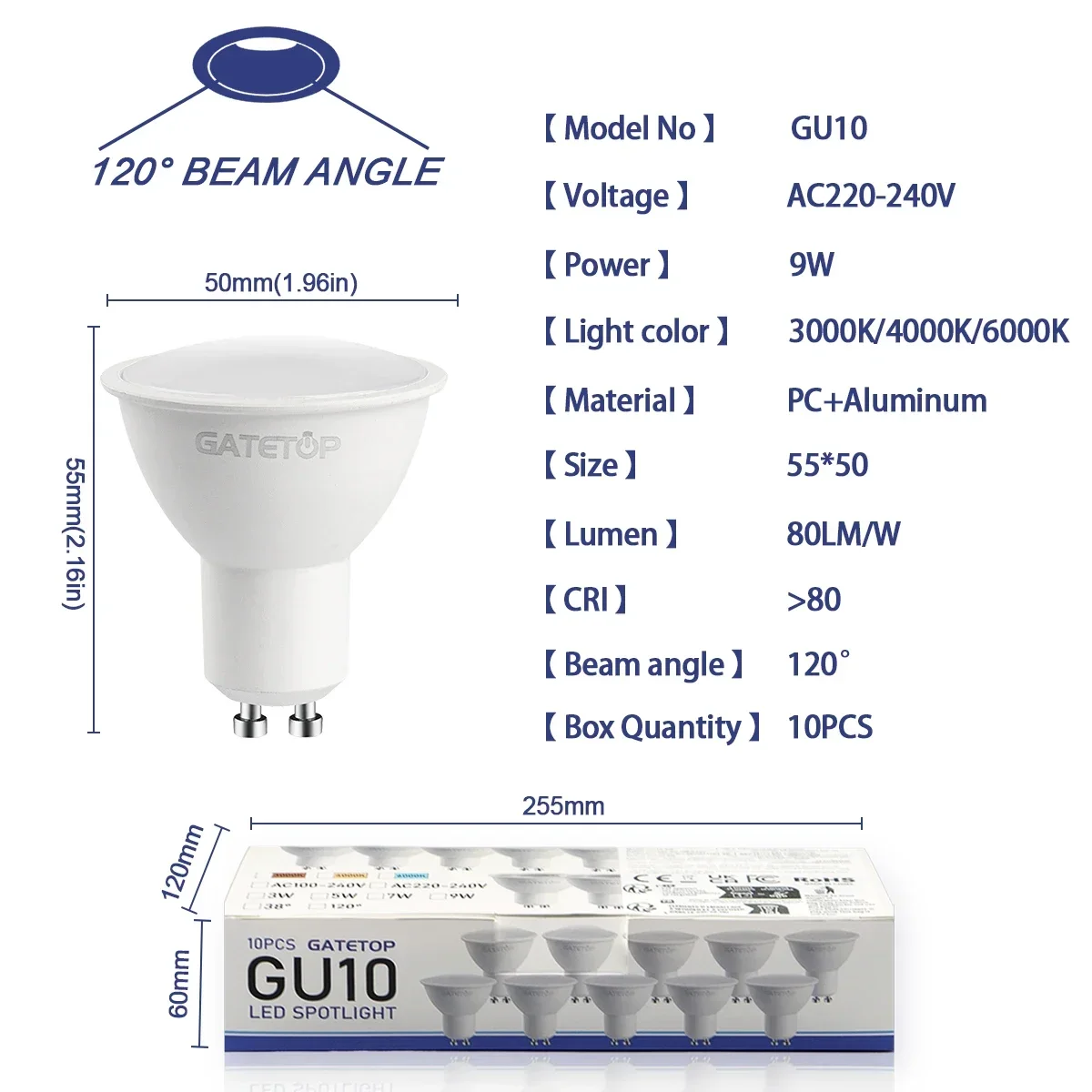 10er-Pack Focos Gu10 SpotlightLampara 220V LED-Glühbirne 9W – Bild 2