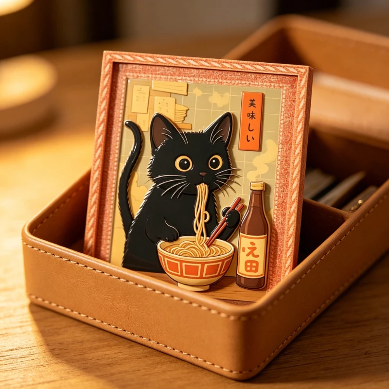Mini-Gerahmter Magnet mit Schwarzer Katze, die Ramen isst – Bild 4