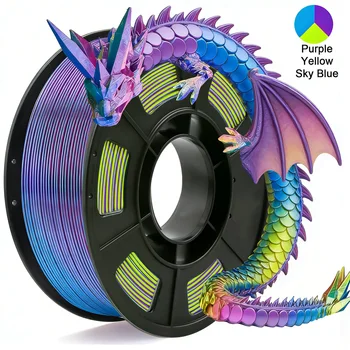 Dreifarbiges Seiden-PLA 3D-Drucker-Filament, 1,75mm Mehrfarbiges 3D-Druck-Filament, Lila & Himmelblau & Gelb