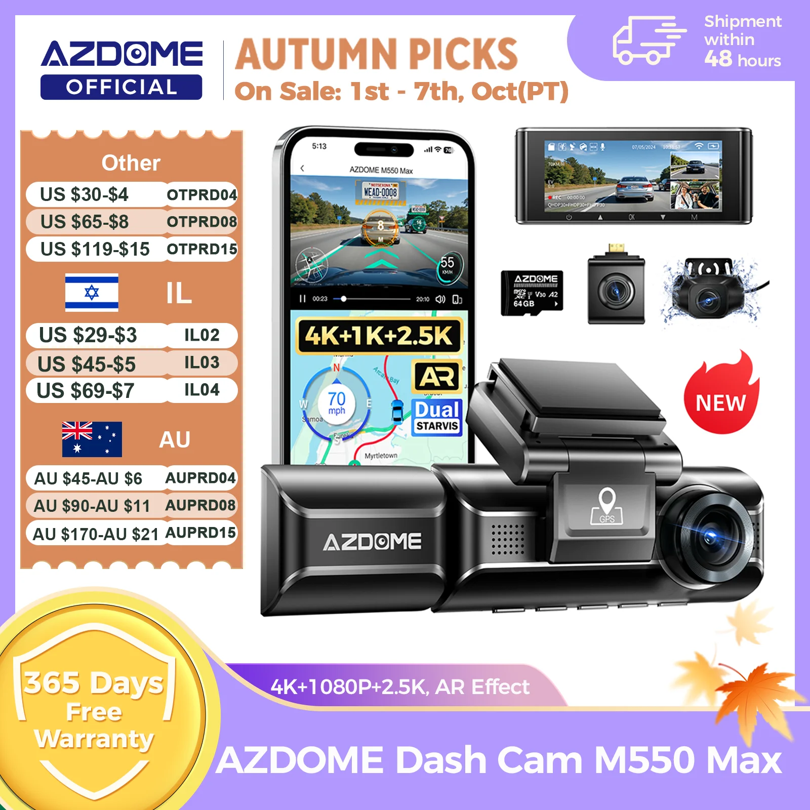 AZDOME M550 Max Dash Cam 4K + 1K + 2,5K Integrierte GPS WiFi