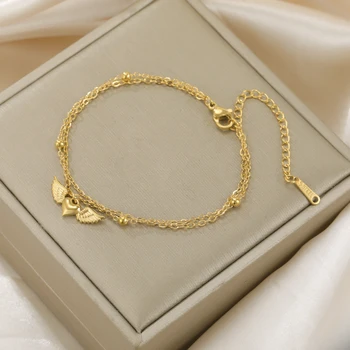 Teamer Herz-Flügel-Charm-Armband, Edelstahl, goldfarben, verstellbare doppellagige Perlenkette für Damen