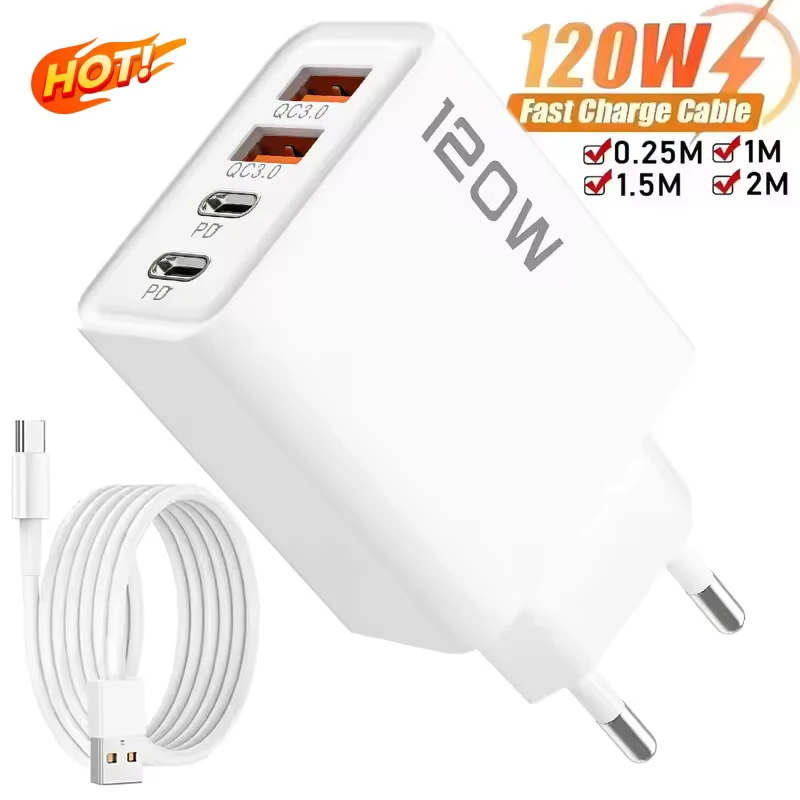 USB-C Ladegerät 120 W mit 4 Ports, PD und QC 3.0, Reise