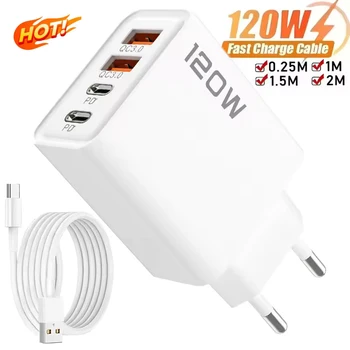 4 Port 120 W USB C Schnellladestation PD QC3.0 Wandadapter Datenkabel für iPhone Samsung Xiaomi Huawei EU US